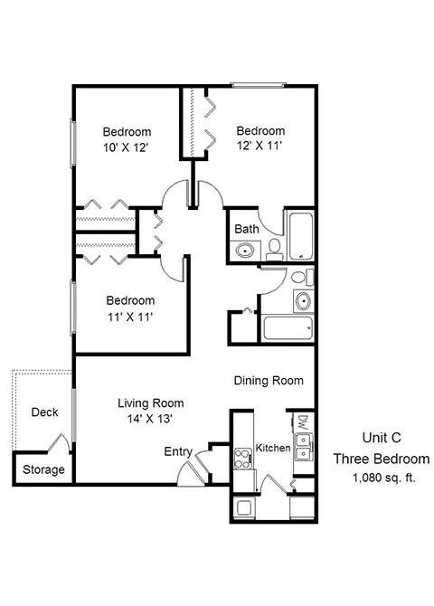 A floor plan of a three bedroom apartment.